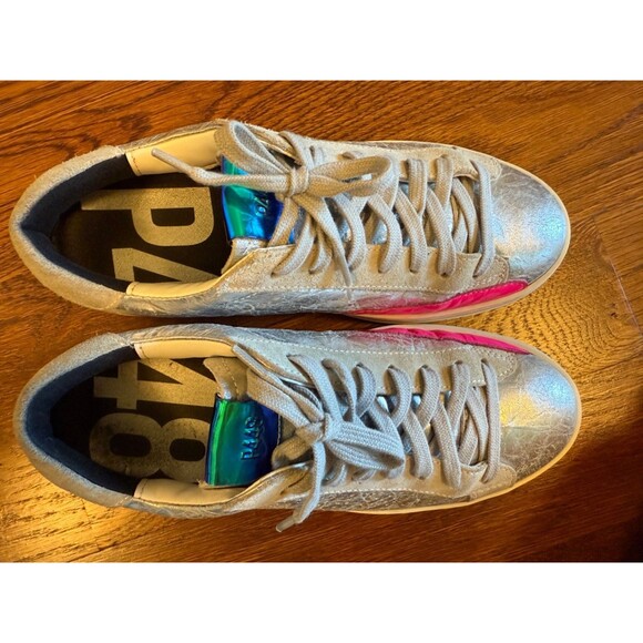 P448 John Sneakers Silver Gray Pink Accent Leather Womens EU Sz 38 US 8.5-9 - Picture 9 of 12